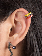 Load image into Gallery viewer, Yellow and orange striped ear cuff with fancy sapphire